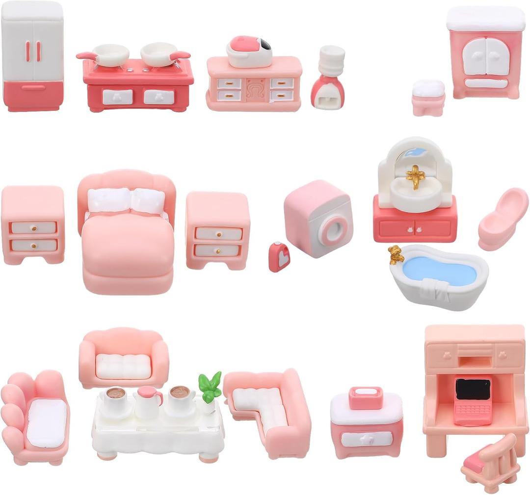 1:48 32 Pcs Dollhouse Furniture Set, Pink Resin Miniature Dollhouses Accessories DIY Craft Decor Included Dining Room Sitting Living Bedroom Bathroom Toys for Toddlers Children Girls