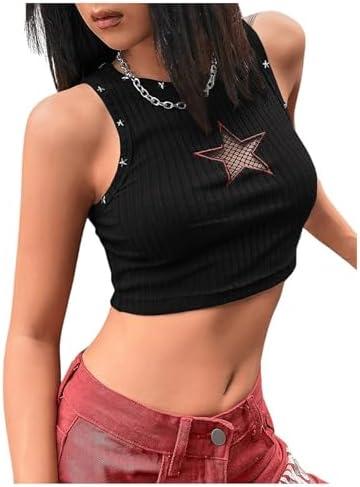 OYOANGLE Women's Y2K Cami Crop Tops Cut Out Star Embroidery Sleeveless Ribbed Going Out Tank Top, XS