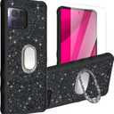 Generic for T-Mobile Revvl 7 Pro 5G Case [with Tempered Glass Screen Protector][Mirror Ring][Glitter powder] Compatible with T-Mobile Revvl 7 Pro 5G leather Phone Case Cover SF-H, CSK-Black