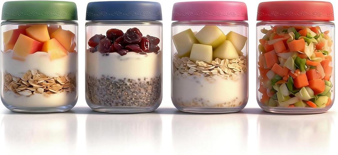 16 OZ 4Pack, Overnight Oats Jars with Lids, Glass Meal Prep Containers, Airtight Mason Jars for Breakfast, Yogurt Parfait, Salad & Smoothies, Leakproof and Reusable Food Storage Jars(4-1)