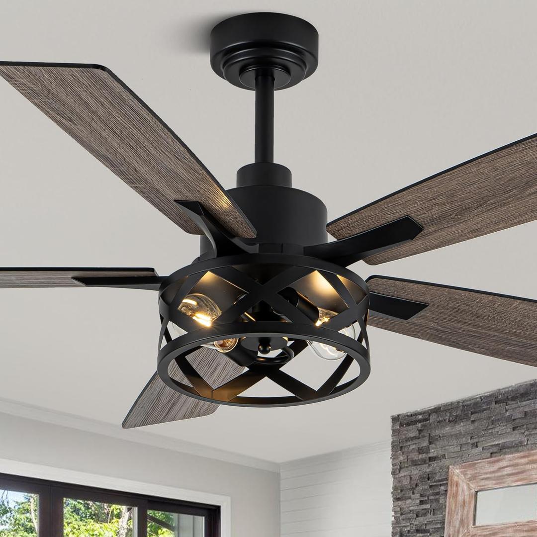 52" Farmhouse Ceiling Fan with Lights and Remote, Ceiling Fan with Caged Rustic Light Fixture, Reversible DC Motor,5 Double Finish Wood Blades for Patio, Living Room, Dining Room, Bedroom (Black-MD-FS8962)