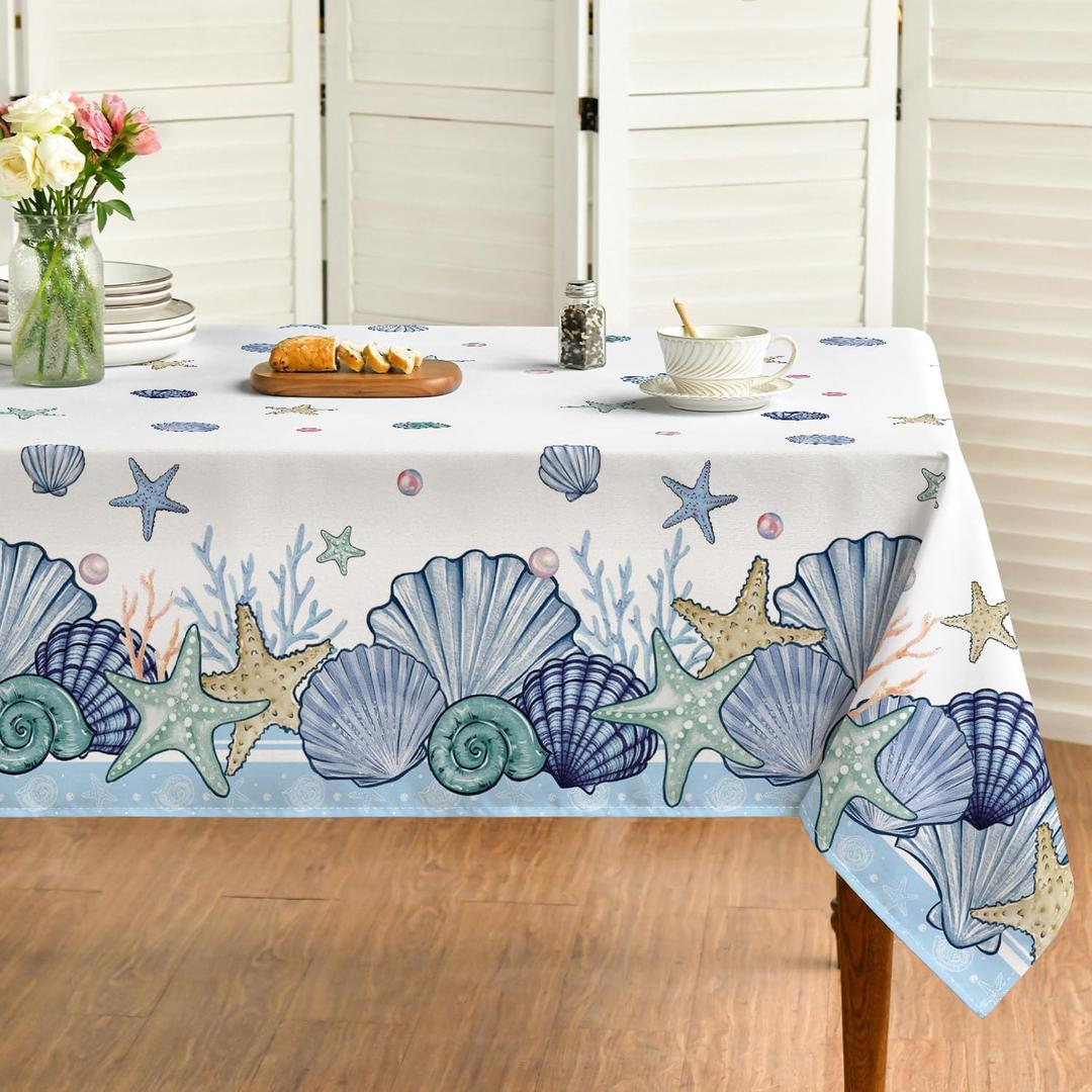 Horaldaily Summer Tablecloth 52x70 Inch Rectangular, Blue Watercolor Sealife Conch Starfish Seaweed Washable Seasonal Table Cover for Party Picnic Dinner Decor