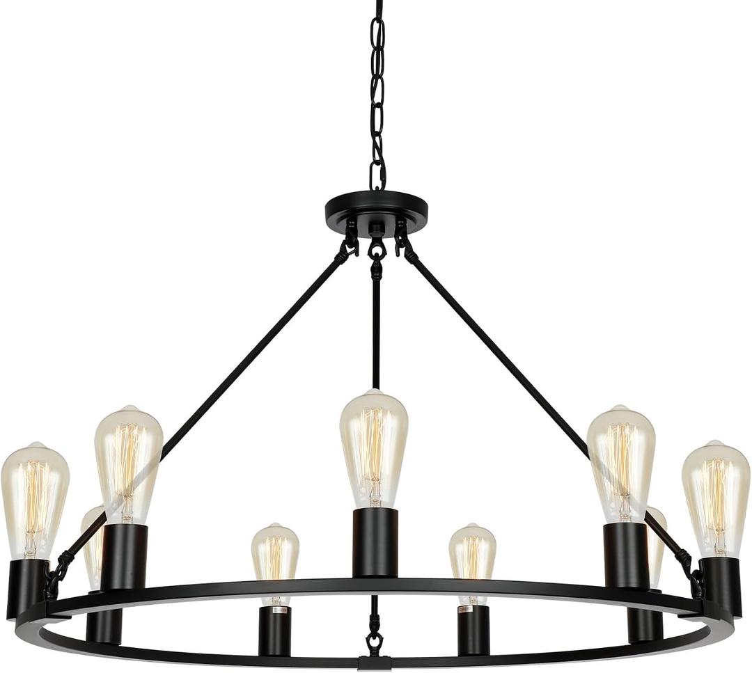 9-Lights Farmhouse Chandelier | Dia 32'' Black Wagon Wheel Chandelier | Rustic Hanging Dining Room Light Fixture | Apply to Living Room | Kitchen Island | Entryway | Foyer, D32'' 9-Light