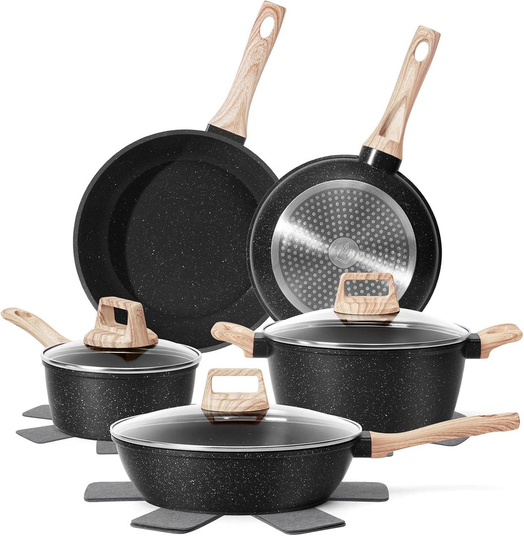 SODAY 12 Pcs Pots and Pans Set Non Stick, Cookware Sets Black Granite Induction Cookware, Non-toxic Healthy Nonstick Kitchen Cooking Set with Frying Pans Set, Saucepans (PFAS/ PFOA/ PFOS Free), 12 Pieces