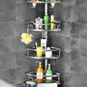 HAMITOR Corner Shower Caddy Tension Pole: Rustproof 4-Tier Bathroom Organizer Shelves for Bathtub Shampoo Storage - 47-121 Inch Quick Install Adjustable Rod Standing Rack with Soap Rack - Silver Gray