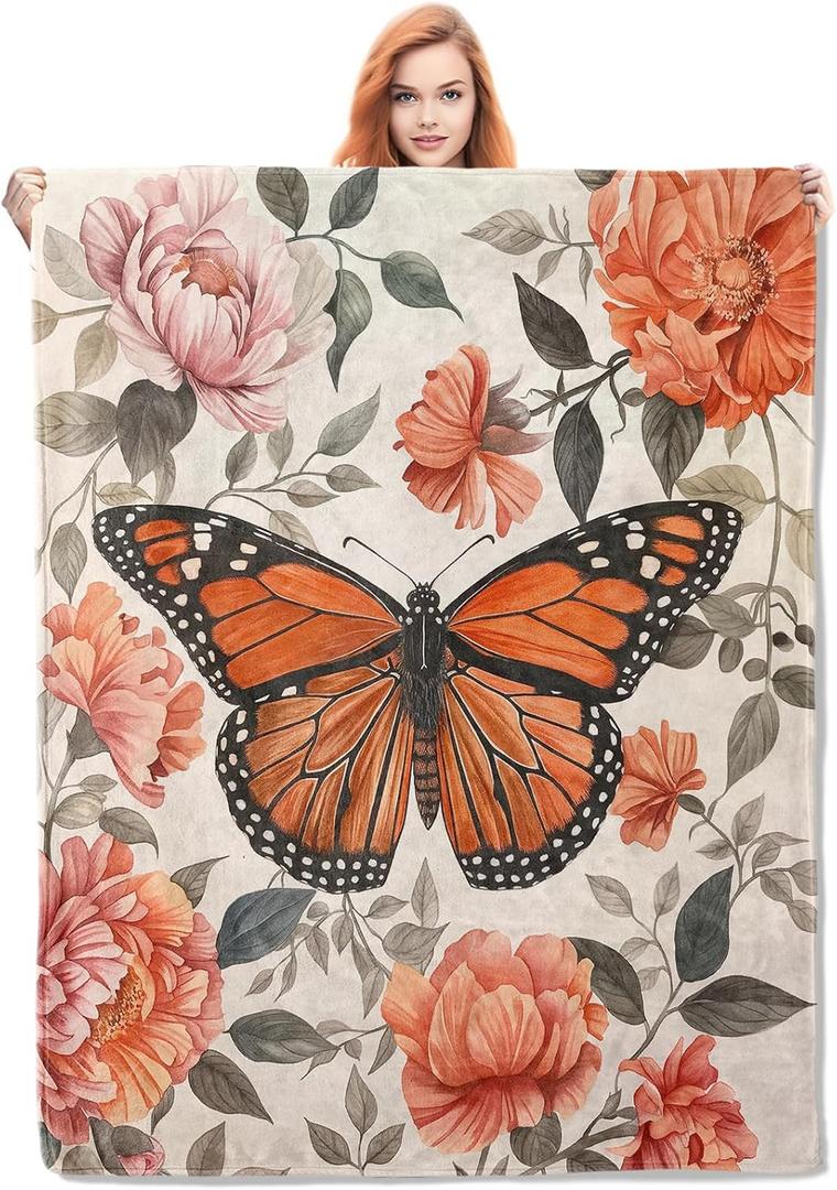 Butterfly and Flowers Throw Blanket Gifts, Soft Cozy Fleece Blanket with Monarch Butterfly and Floral Print,Blanket for Couch Bed Sofa, Perfect for Nature Lovers and Home Decor, 50x60 in (Color348)