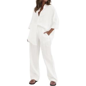 RAISECOM Women's 2 Piece Outfits Sets Button Down Half Sleeve Shirts and Long Pants Summer Casual Vacation Loungewear,M