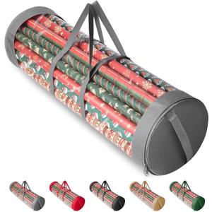 BALEINE Christmas Wrapping Paper Organizer Storage, 41" Gift Wrapping Paper Storage Containers, Clear PVC with Durable 600D Oxford Fabric Gift Wrap Paper Holder Fits 18-25 Rolls, Grey