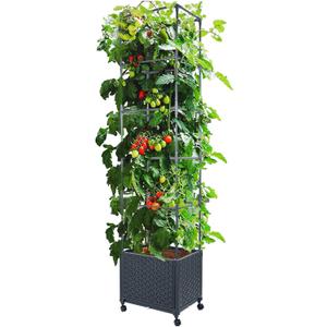 LINEX Raised Garden Bed Planter Box with Trellis, 67.6 Tomato Planters for Climbing Plants Vegetable Vine Flowers Outdoor Patio, Tomatoes Cage w/Self-Watering & Wheels, Size: 16.4"D x 12.4"W x 67.6"H