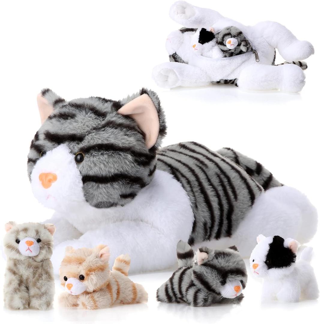 Skylety 5 Pieces Cat Stuffed Animal with Babies Inside Belly Plush Cat Pregnant Mommy Kitty with 4 Cute Fluffy Stuffed Kittens Christmas Birthday Surprise Gifts(Gray)