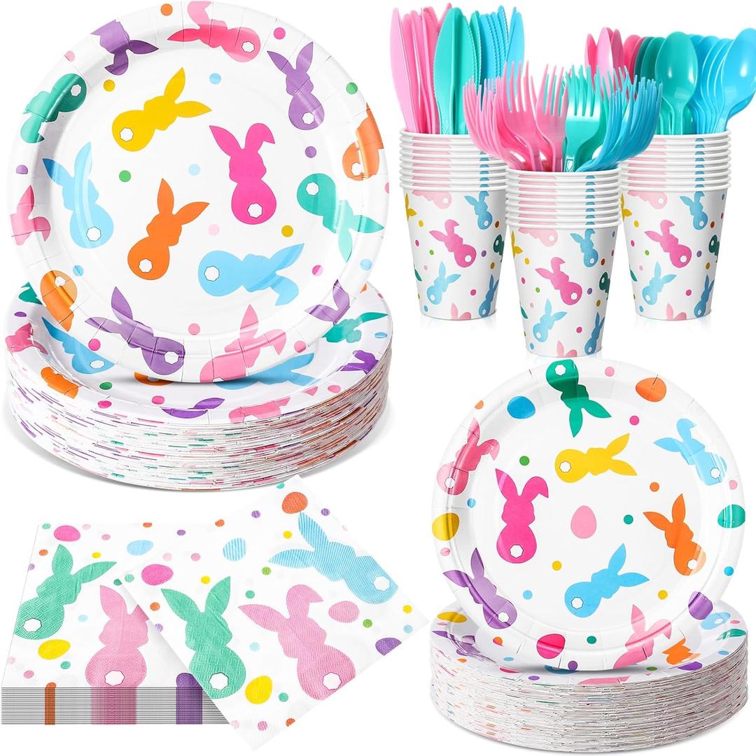 Honeydak 210 Pcs Easter Plates and Napkins Serve 30 Pastel Colorful Bunny 7" and 9" Rabbit Plates Napkins and Forks Tableware for Spring Holiday Easter Party Table Decor Supplies