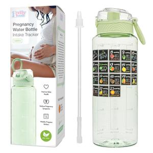 BellyBottle Pregnancy Water Bottle Tracker Must Haves for Expecting Moms Nausea Relief + Straw + BPA Free Green