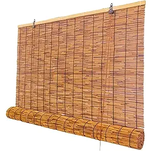 Roman Shades for Windows Bamboo Roller Shades for Patio Porch – Light Filtering Sunshade Retro Natural Reed Blinds for Outdoor Windows, 60" W x 48" H