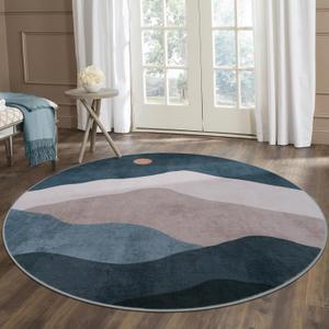Sungea 6ft Abstract Round Rugs for Bedroom,Soft Washable Non-Slip Large Circle Rug,Chic Faux Wool Mountain Low-Pile Carpets for Kidsroom/Nursery/Living Room/Classroom(Blue)