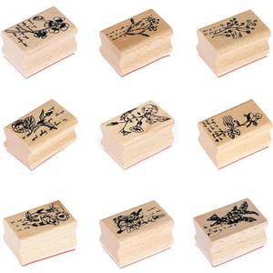 Tvoip 9 Pcs Flower Pattern Wooden Stamps, Rectangle Flower Pattern Printed Ink Stamps Decorative Rubber Stamp Set for DIY Craft, Letters Diary and Craft Scrapbooking