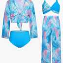 GRACE KARIN Teen Girls Bathing Suits Kids 4 Piece Long Sleeve Swimsuit Kimono Up Pants Bikini Tankini Set Swimwear. 10y