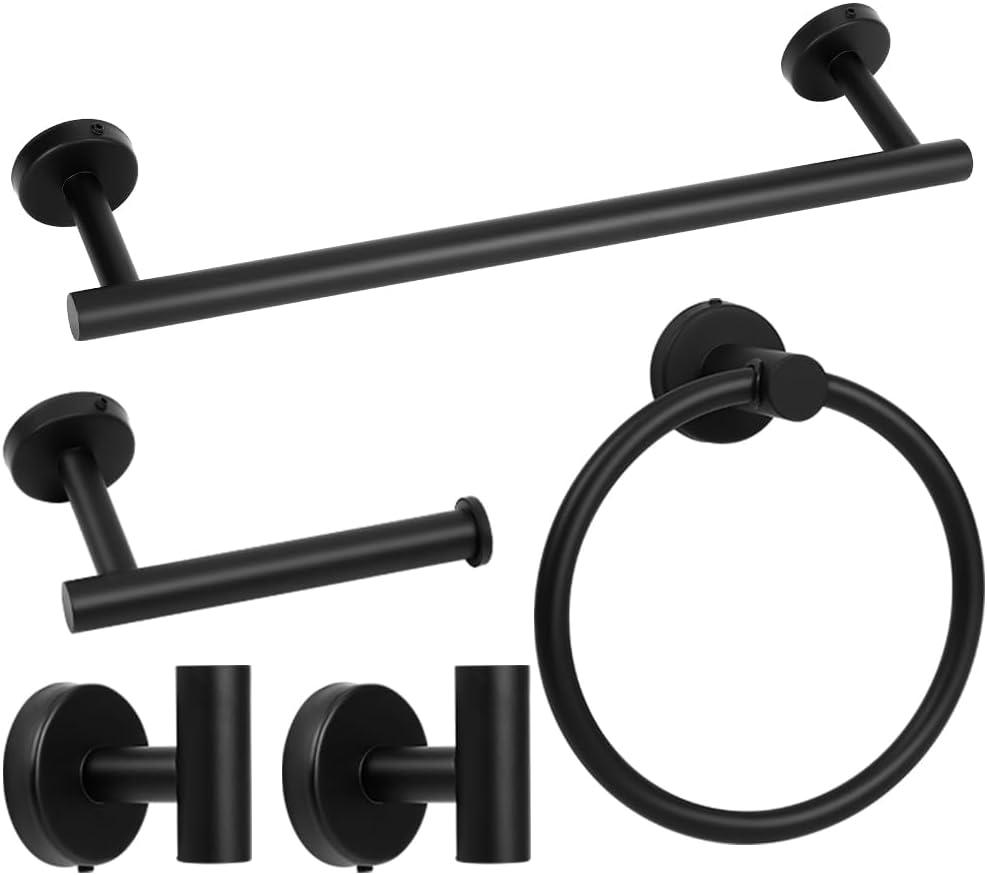 Matte Black Bathroom Towel Bar Set, 5-Piece Stainless Steel Hardware Bathroom Accessories, 16" Towel Racks for Bathroom Walls