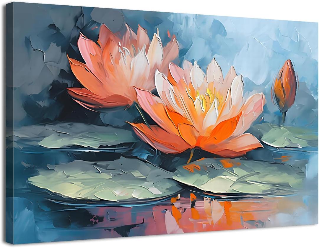 Lotus Wall Art Zen Floral Botanical Wall Decor for Bathroom Yoga Room Abstract Orange Flower Paintings Water Lily Canvas Prints Artwork Living Room Bedroom Spa Meditation Home Decorations 12x16"
