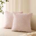 VOILYBIRD Blush Pink Corduroy Accent Pillow Covers 18x18 Inch, Boho Throw Pillows with Pompoms Decorative Pillow Covers for Sofa Couch Bedroom Living Room, Set of 2