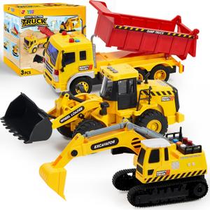 JOYIN 3 Pack Construction Toy - Excavator, Dump Truck and Loader, Moveable Claw & Lifting Back, Construction Truck Toy, Birthday Gift for Toddler Boys Kids
