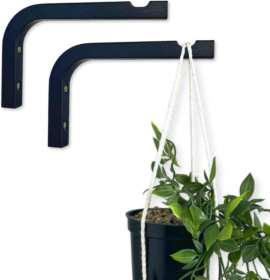 EvenWood 2-Piece Set of Plant Hooks for Wall 6 inch - Mounted Wooden Plant Hook - Indoor and Outdoor Bracket Plant Hanger for Planters, Lanterns, Bird Feeders, Patio Decorations (Black)