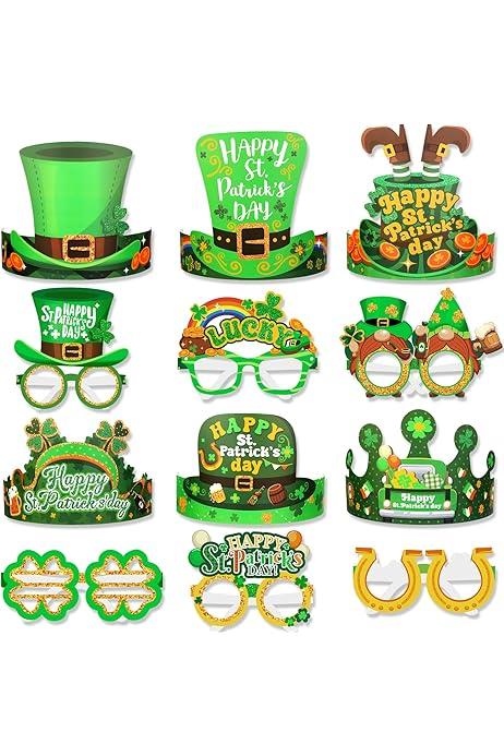 HOWAF St.Patrick's Day Eyeglasses Paper Hats for Green Party Photo Props,12pcs Irish Shamrock Paper Glasses Eyewear 12pcs St. Patrick's Day Crown Headband for Kids St.Patrick's Day Party Favors