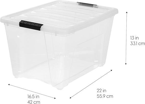 IRIS USA 54 Qt Stackable Plastic Storage Bins with Lids, 1 Pack - BPA-Free, Made in USA - See-Through Organizing Solution, Latches, Durable Nestable Containers, Secure Pull Handle - Clear