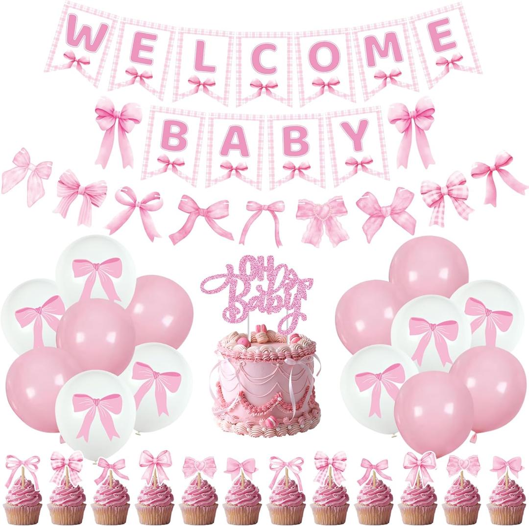 Holkcog Welcome Baby Decorations, Pink Bow Baby Shower Decor, Welcome Baby Girl Decor Kit, Bow Banner Pink and White Ballon, Cake Topper, Girls Gender Reveal Party Photo Props