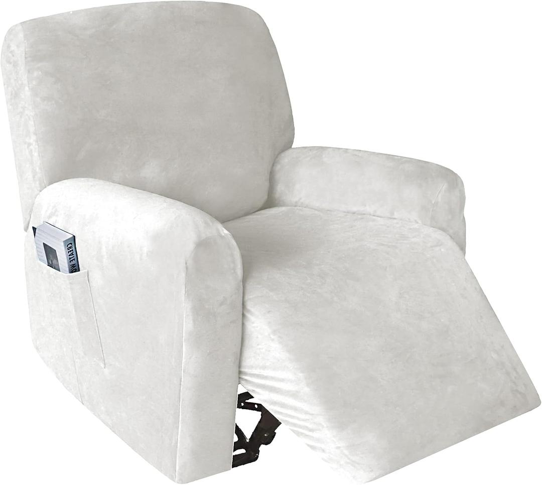 4 Pieces Stretch Velvet Recliner Chair Covers, Thick & Soft Recliner Slipcovers for Home Theater Lazy Chair with Side Pocket (Off White) One