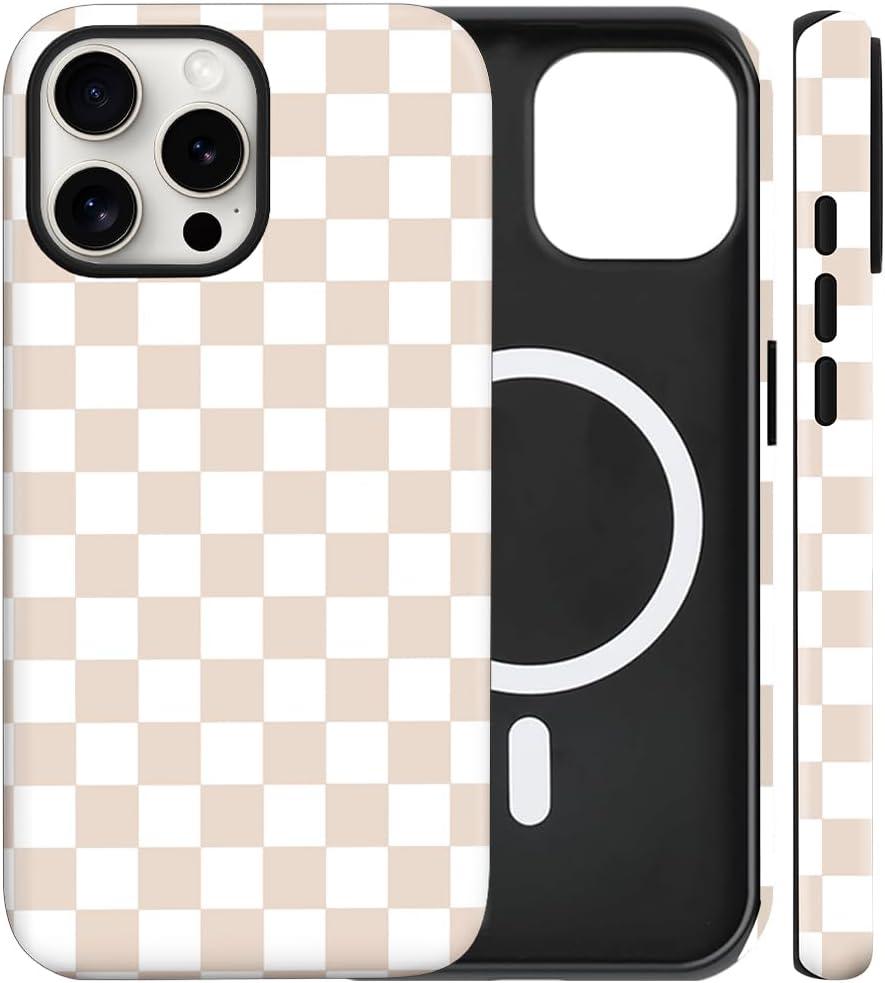 Magnetic for iPhone 13/14 Case Cute Checkered Phone Case, Shockproof Slim TPU and Hard PC Protective Phone Cover Compatible with MagSafe Designed for Women Girls Gift, Apricot