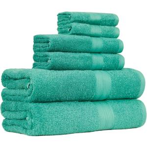 Amazon Basics 6 Piece Oversized Fade resistant Towel set, 100% Cotton towels for bathroom, soft and absorbent, 2 Bath Towels, 2 Hand Towels and 2 Washcloths bathroom towel set, Teal