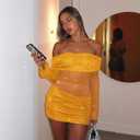 Women Sexy Off Shoulder Bodycon Mini Dress Mesh Sheer Ruched Sparkly Flared Long Sleeve Y2K Dress Club Night Out Dresses (Yellow, XS)