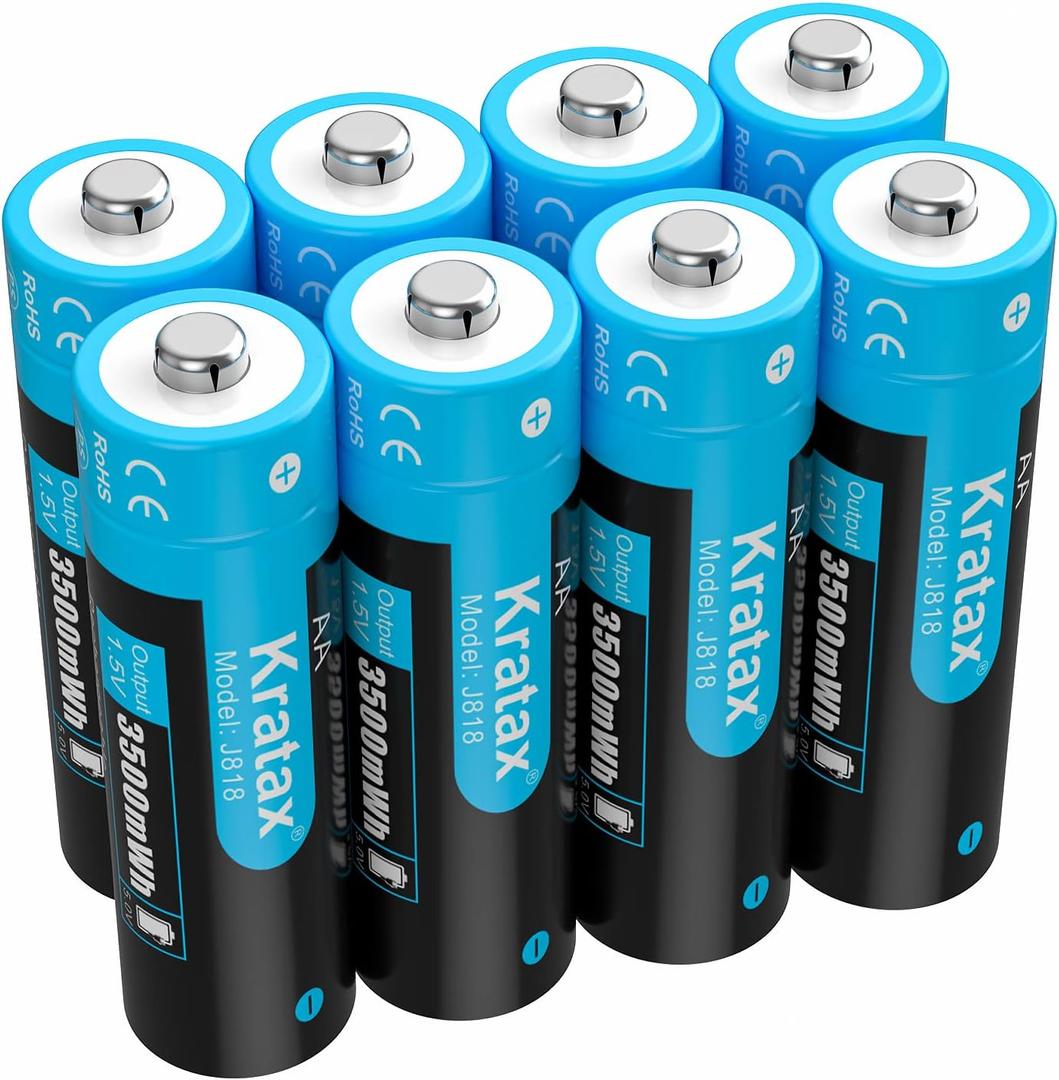 Kratax 1.5v Rechargeable AA Lithium Batteries 8 Pack 3500mWh 1.5 Volt li-ion Rechargeable AA Batteries, 1600 Cycles Long Lasting, Constant Voltage for Game Controller and Toy - Charger NOT Included