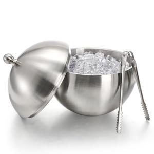 Yesland Ice Bucket with Lid, Double Insulation Ice Box Container Storage Box, 2 L Stainless Steel Ice Bucket Container with Ice Tong Scooper, Spherical Wine Champagne Barrel for Home Party Bar