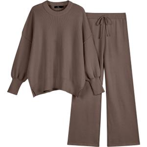 LILLUSORY Women 2 Piece Outfits Sweatsuit Oversized Knit Pullover Sweater Tops Wide Leg Pants Lounge Set (Medium, Nutmeg)