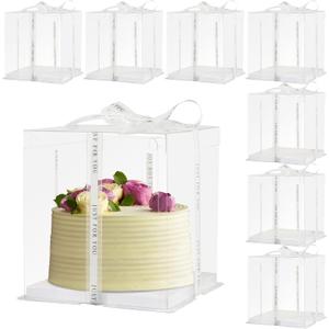 12x12x10inch 8Pcs Tall Cake Boxes Clear Display Gift Boxes with Ribbon,Pre Folded Lid for 10" and 11" Inch Tall Layer Tiered Cakes and Bakery Display Birthday Wedding Party(Clear , 12*12*10inch/8Pcs)