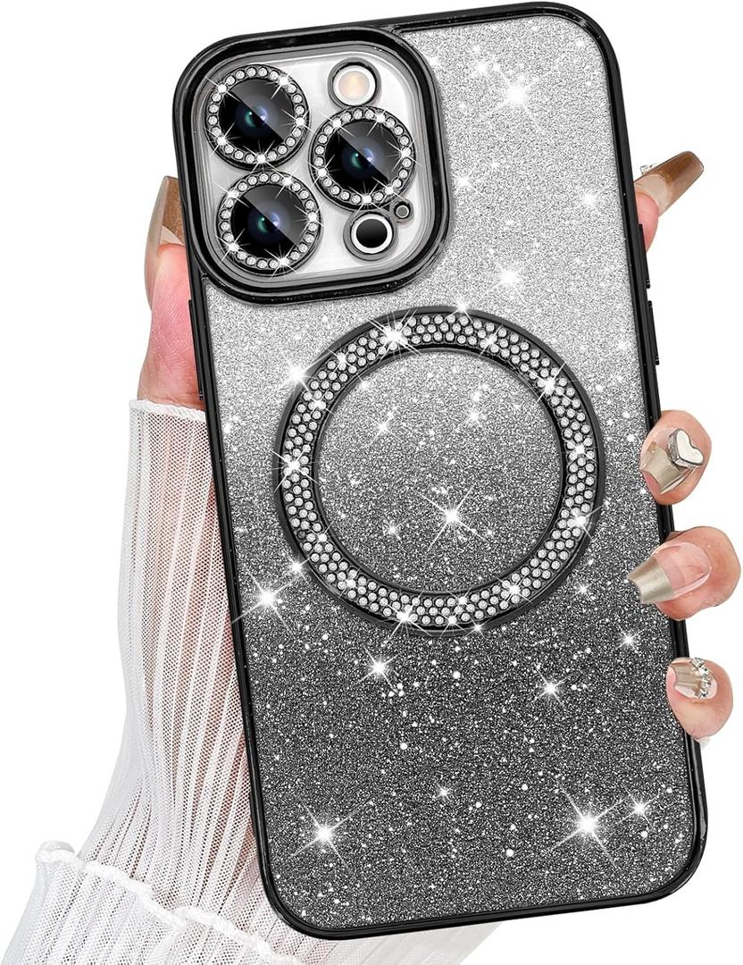 TEAUGHT Bling Magnetic Case for iPhone 15 Pro [Compatible with Magsafe], Cute Glitter Diamond Rhinestone Luxury Plating with Camera Protection, Slim Shockproof Cover for Women Girls, Black