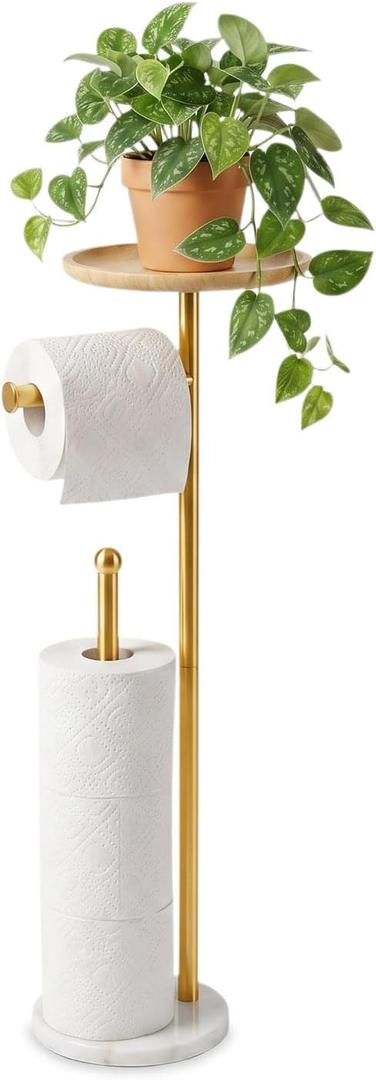 Standing Toilet Paper Holder Gold with 7.9" Big Tray, 2.2Lbs Heavier Marble Base, Freestanding Paper Holder Stand with Phone Shelf, Holds 5 Paper Rolls (Gold)