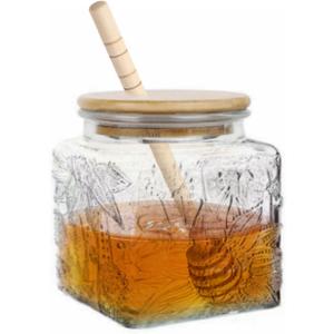 ANSQU Honey Pot, Airtight Glass Honey Jar with Bamboo Lid and Dipper Stick, Honey Container for Storing Syrup Jam Mason Jar for Home Kitchen, 17oz (Square Sunflower,1 Pack)