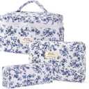 3Pcs Makeup Bag Cute Cosmetic Bags for Women, Large Capacity Travel Quilted Makeup Bag Set,Cotton Floral Makeup Pouch, Coquette Puffy Toiletry Bag,Attractive Quilted Pouch (Blue)
