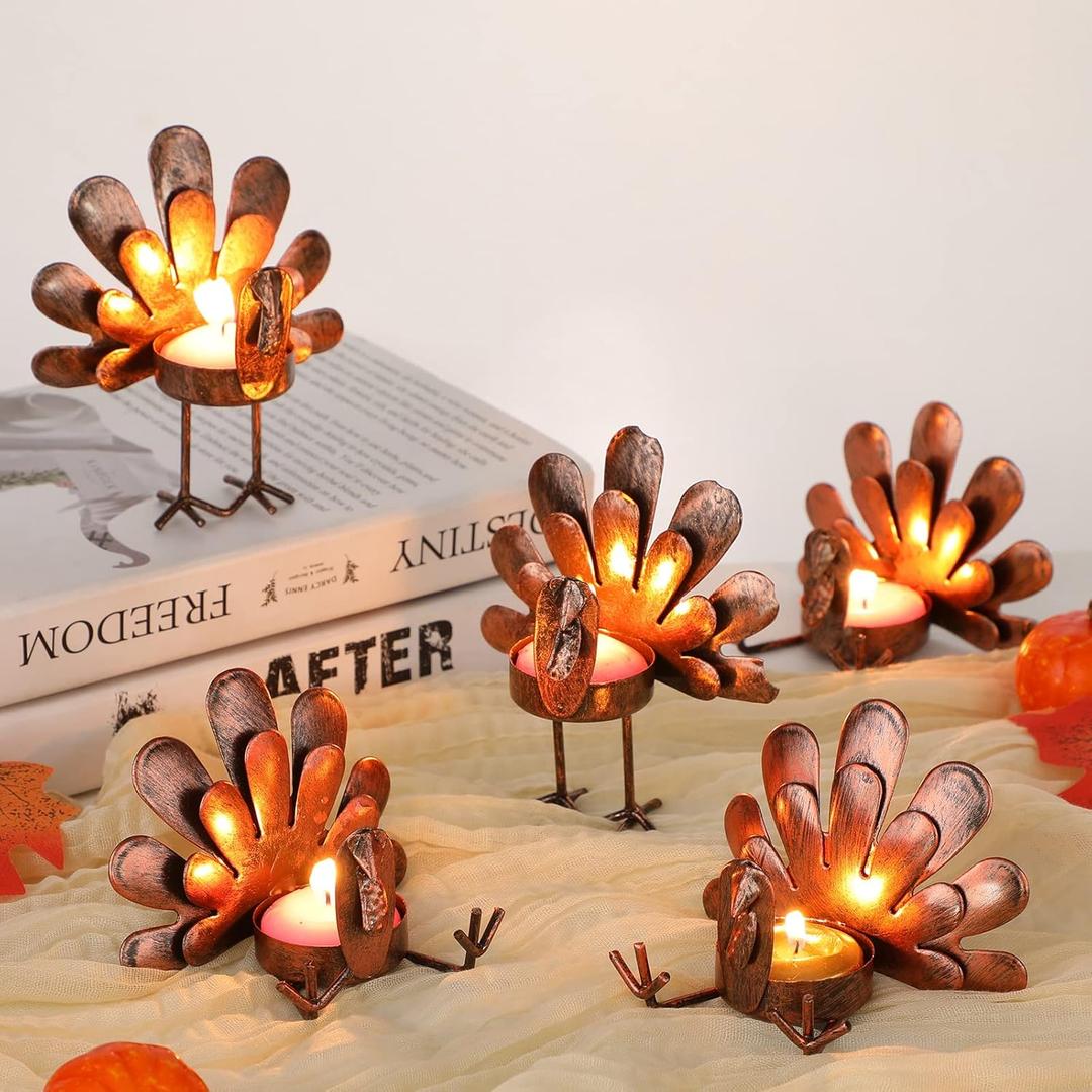 10 Pieces Metal Turkey Candle Holders Turkey Tea Light Candle Holders Thanksgiving Tealight Sitting Standing Thanksgiving Tabletop Candleholders for Home Table