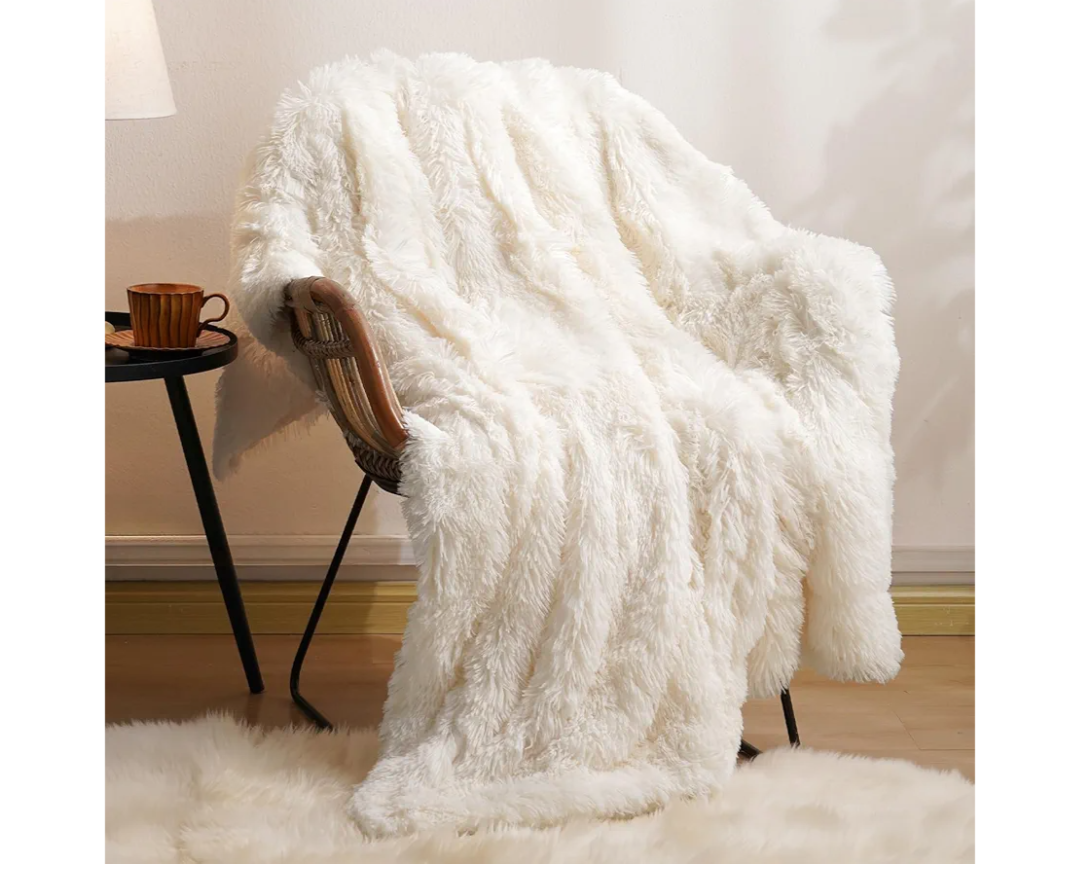 PHF Luxury Fuzzy Faux Fur Throw Blanket, Soft Shaggy Plush Comfy Blanket, Warm Thick Fluffy Blanket for Couch, Bed, Chair, Sofa, Furry Elegant Throw for Home Decor, Cream, 50" x 60"