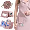 For iPhone 14 Pro Case with Card Holder and Strap for Women,Crossbody Lanyard, Make Up Mirror,Ring Stand,Snap Clasp,Cute Phone Wallet Cases 6.1 inch - Dark Rose Gold