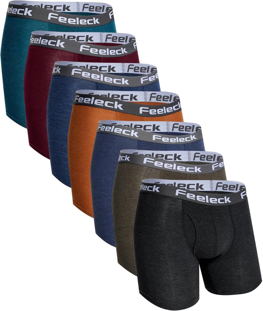 Feeleck Mens underwear Rayon Boxer Briefs 7-Pack Moisture Wicking with Fly Trunks for Man (XX-Large)