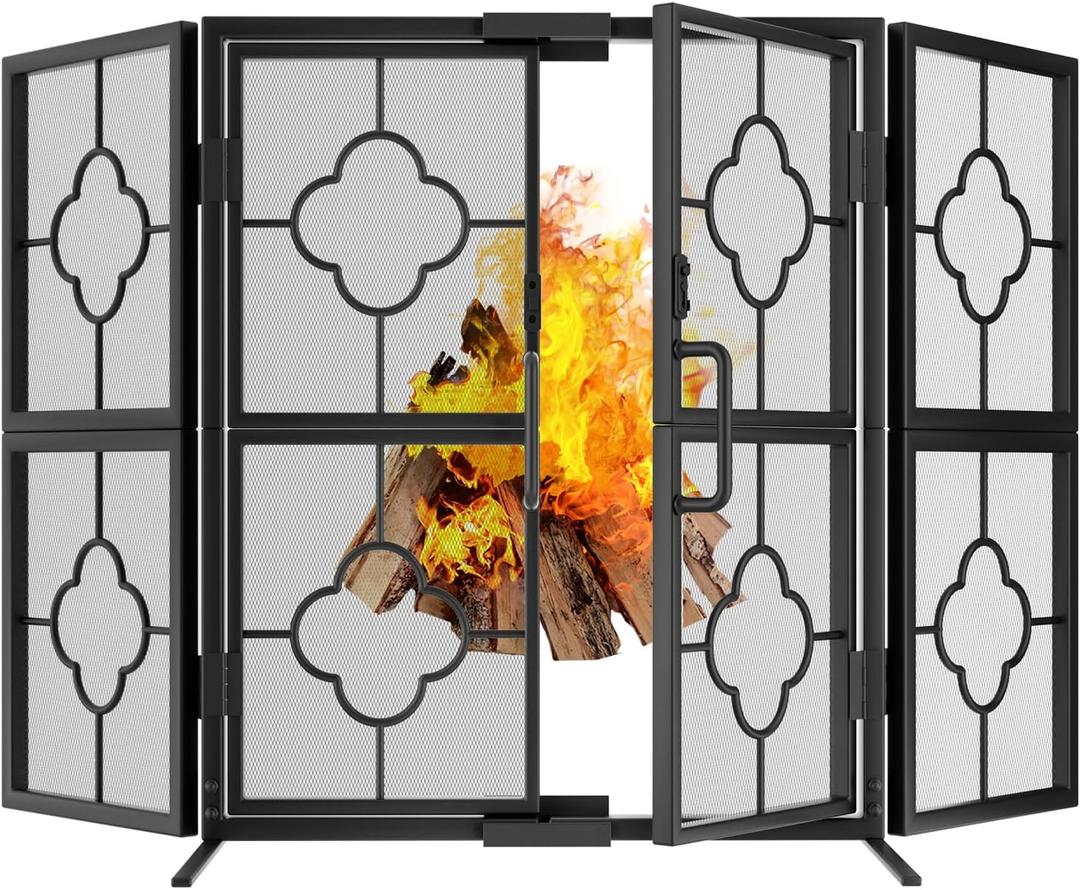 Amagabeli 3 Panel Fireplace Screen with Doors 48" W x 28" H Foldable Wrought Iron Heavy Duty Metal Modern Decorative Fireplace Spark Guard Cover Handcrafted Solid Mesh Stand Alone Screen for Fire