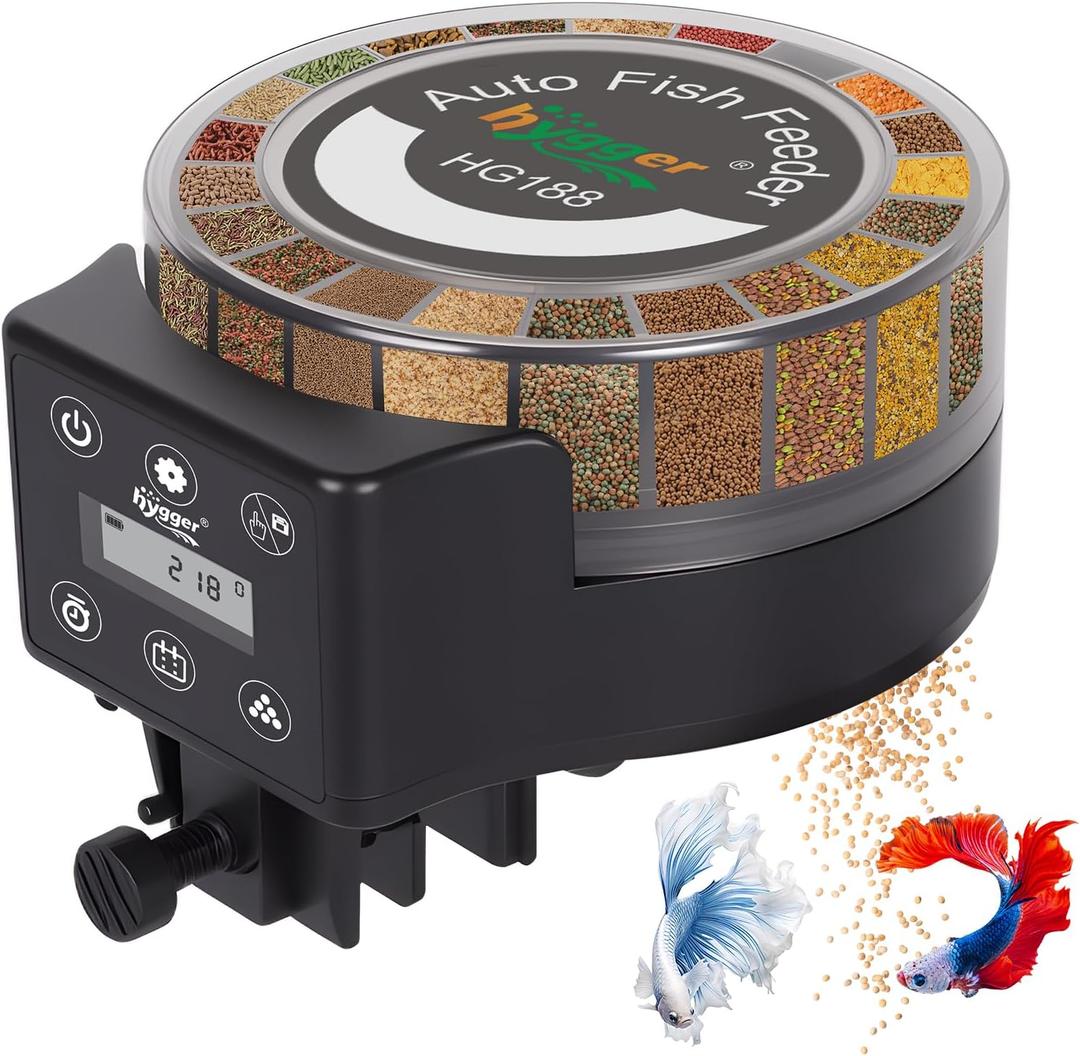 Hygger Automatic Fish Feeder for Aquarium: Auto Fish Food Dispenser with LED Display & Timer, Aquarium Vacation Feeder with 3 AA Batteries for Betta Turtle Goldfish (20-Meal)