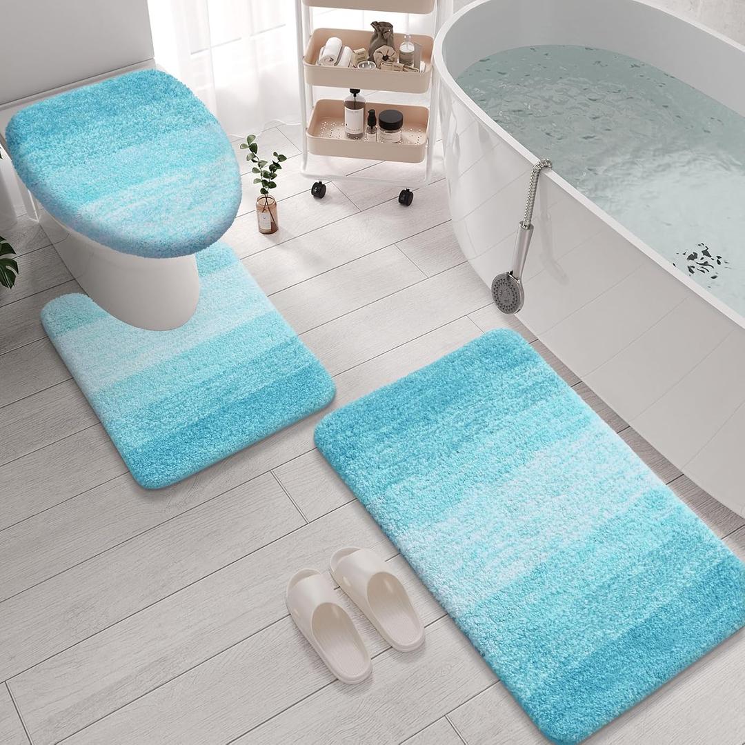 Arotive Microfiber Bathroom Rugs 3 Piece with Toilet Lid Cover, Shaggy Soft and Absorbent Bath Rug, Non-Slip, Machine Washable Bath Mats for Bathroom, 30x20+24x20+17.5x15, Sky Blue