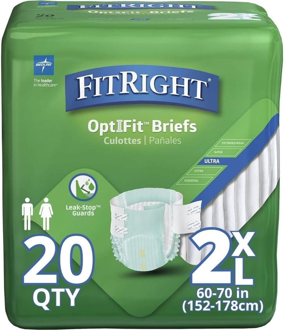 FitRight Ultra Adult Diapers, Disposable Incontinence Briefs, Leak-Proof Diaper, Absorbent Briefs For Men and Women, Maximum Protection, 2XL, 60  70 in, 20 briefs per bag (XX-Large (20 Count))