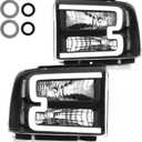 Halogen Headlight Assembly Led Day Running Light Compatible with 2005-2007 2005 2006 2007 05 06 07 Ford F250 F350 F450 F550 Super Duty/05 Ford Excursion (Black Housing Clear Reflector)