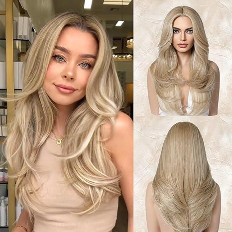 LONAI Blonde Wigs for Women 24" Long Natural Blonde Middle Part Layered Wig Synthetic Hair Wig for Daily Use Party Cosplay